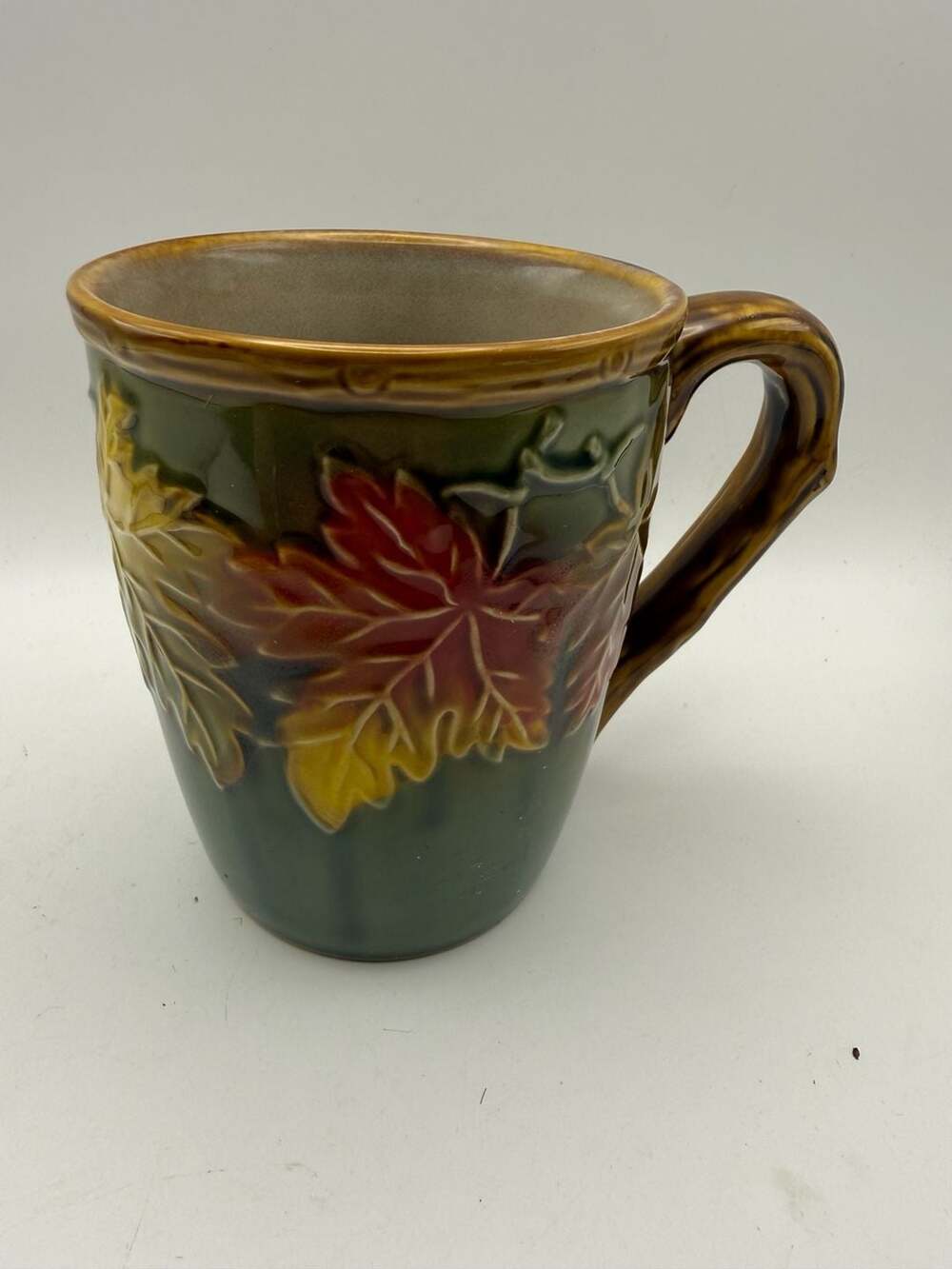 Vintage Autumn Fall Harvest Embossed Leaf Majolica Ceramic Coffee Mug